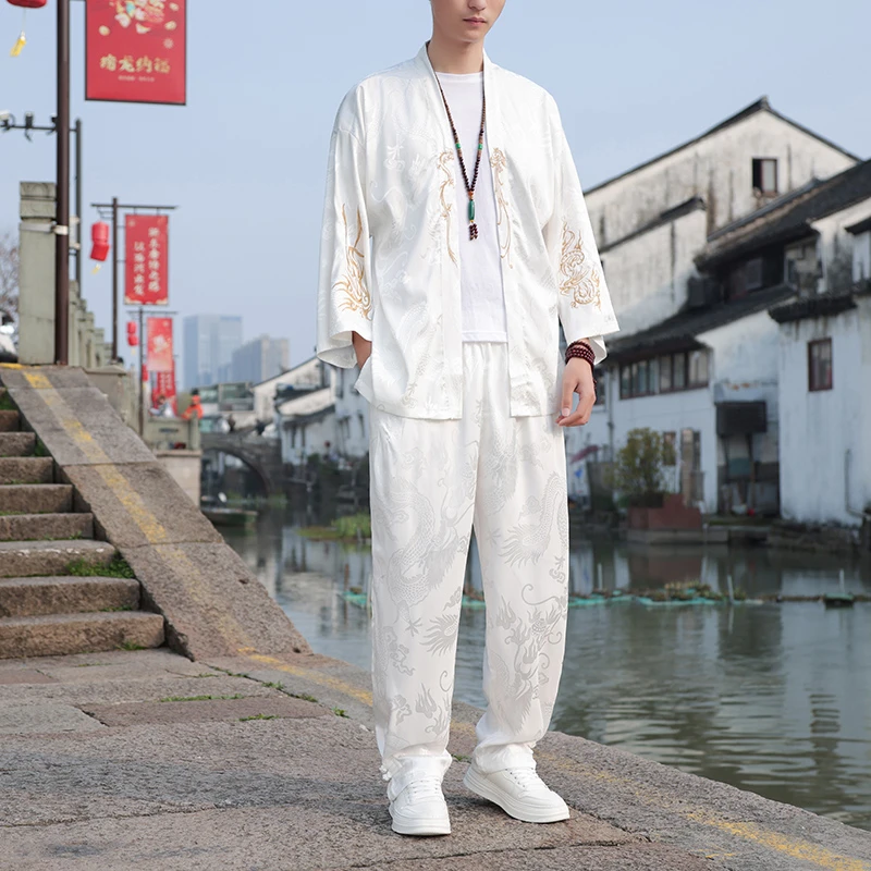 

Spring Summer IceSilk Dragon Design Jacquard Two Piece Set Chinese Style Men Kung Fu Shirts Pants Tang Suit Vacation Streetwear