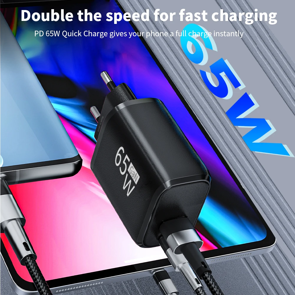 65W GaN PD USB Fast Charging QC3.0 2 Ports Type C EU/US Plug Adapter For iPhone Xiaomi Samsung Huawei cellphone adapter,power adapter,power charger
