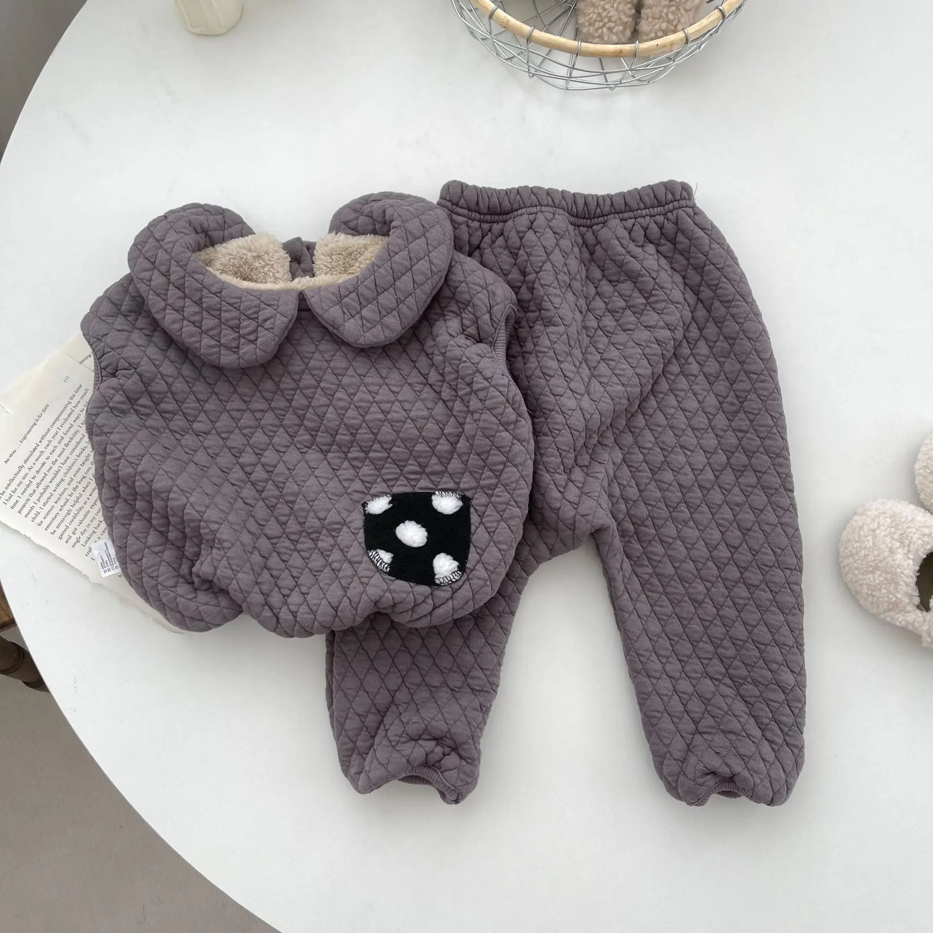 

Autumn Winter Kid Retro Plus Velvet Warm Vest Suit Girl Baby Solid Thick Tops+Pants 2ps Boy Children Fleece Cotton Waistcoat Set