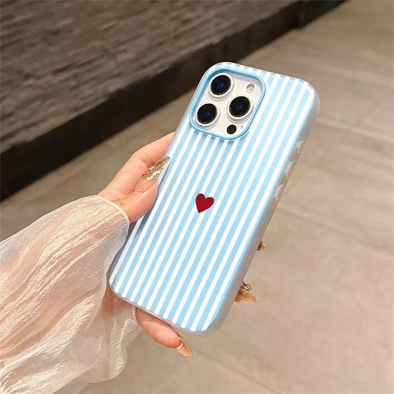 Korean Pink Blue Stripes Heart Silicone Phone Case