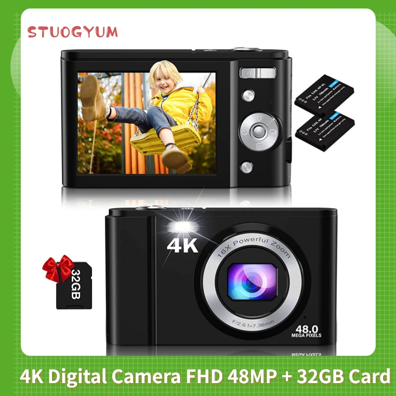 4K Digital Camera for Kids FHD 48MP Vlogging Camera +32GB Card 16X Digital ZoomRechargeable Electronic Portable Mini Kids Camera