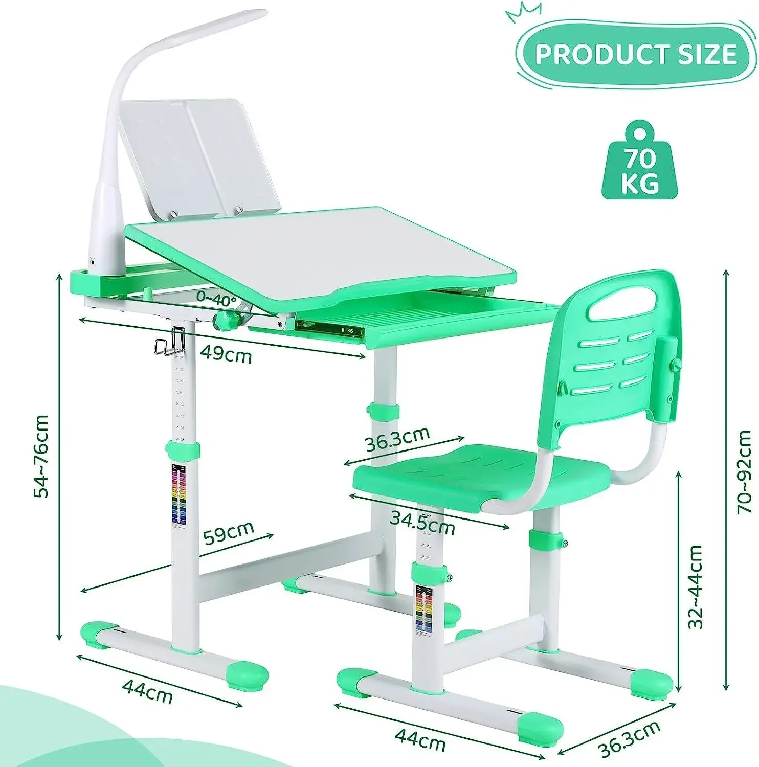 Student Children's Desk, Ergonomic Table and Thair Set, with Drawer, Reading Stand, Anddimmable LED Lamp, Height-Adjustable 2