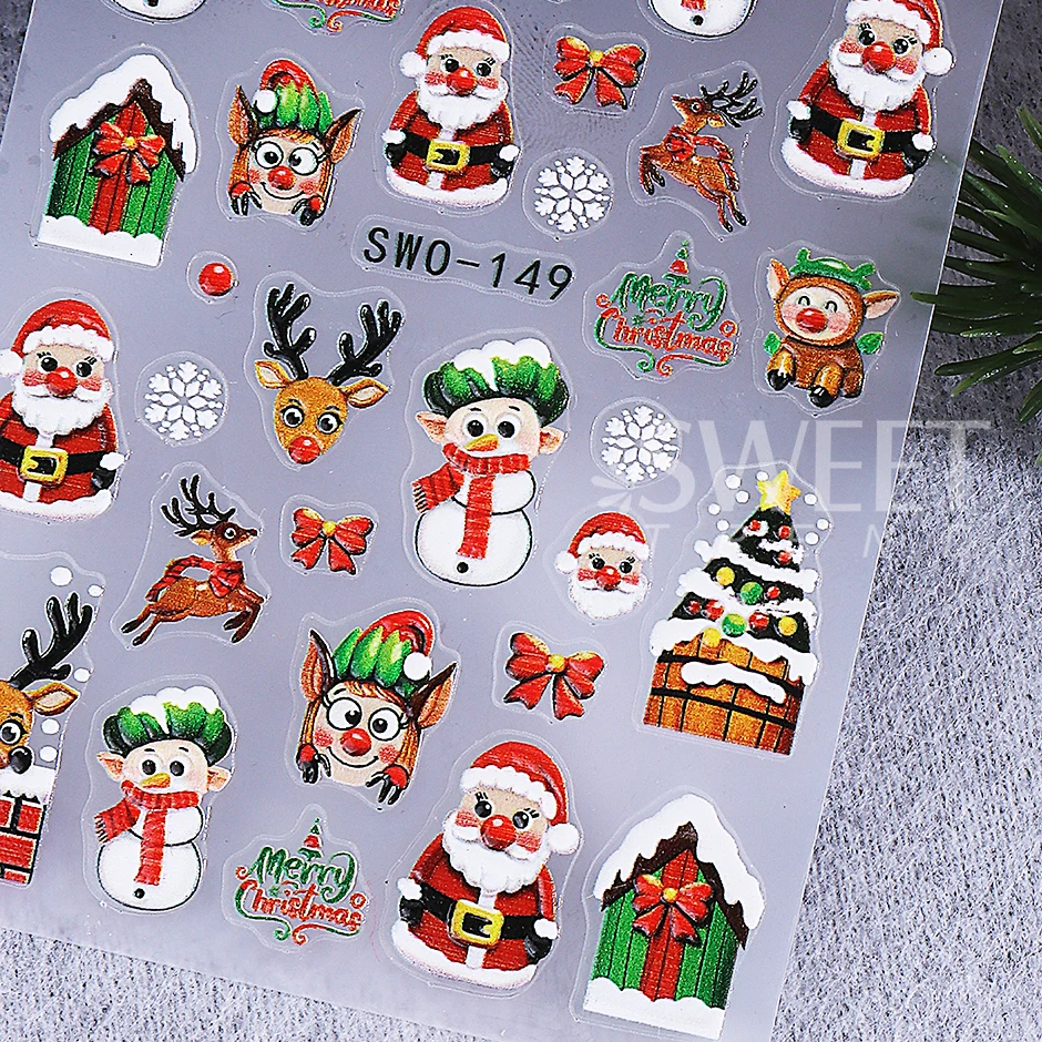 2pcs Embossed Christmas Nail Stickers 3D Cute Snowman Elk Elf Bow Nail Decals Winter Santa Claus Manicure Decoration Supplies