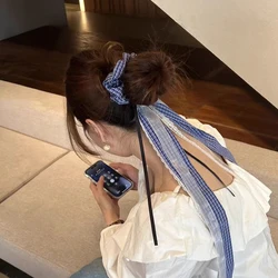 Elegant Korean Plaid Ribbon Hair Scrunchie - Versatile Ballet Style Hair Tie with Retro Harajuku Charm (Blue)