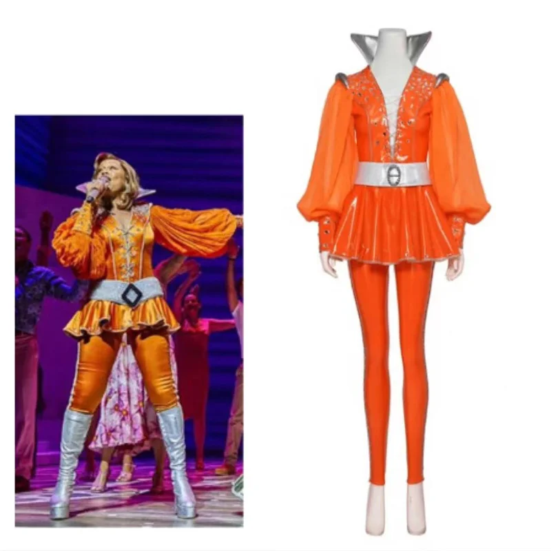 

Musical Cosplay Mamma Costume Mia Outfits Women Orange Bodysuit Party Role Play Musical Suit Cosplay with Top Pants