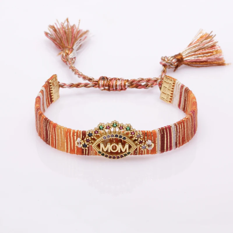 Rainbow Cz Paved Eye Eye Lash Mom Letter Charm On Orange Tune Soft Cotton Silk Wristband Adjustable Gold Bracelet For Woman 2020