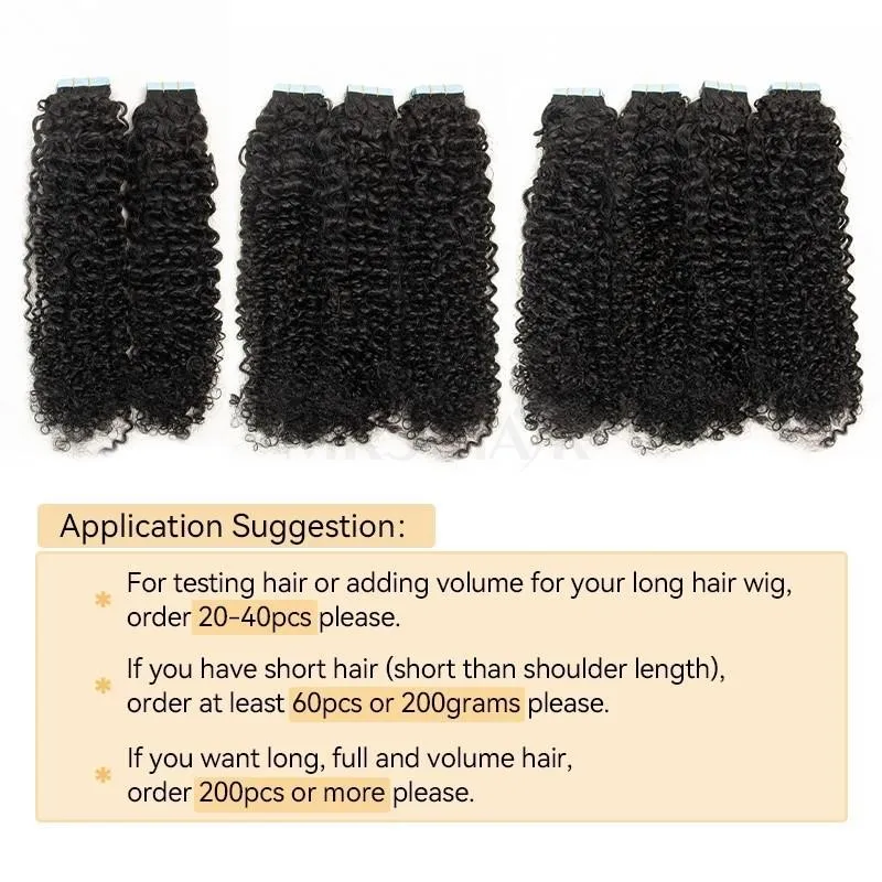 MRS HAIR Tape In Hair Extensions Deep Curly Human Hair Skin Weft Kinky Curly Tape 12-24inch Natural Black Remy 20pcs/Pack
