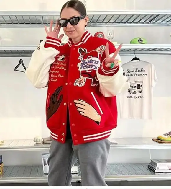 Men's Varsity Jackets Men's Leather-Sleeve Varsity Bomber Jacket