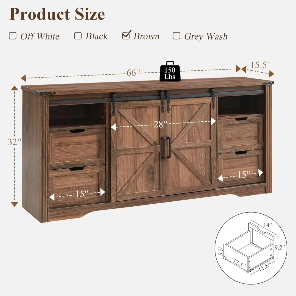 Farmhouse TV Stand for 75+ Inch TV, 32" Tall Entertainment Center w/4 Drawers & Sliding Barn Door, Rustic Media Conso 2