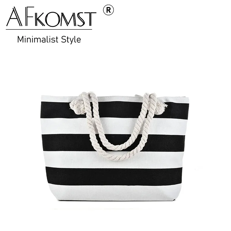 AFKOMST Large Casual Beach Canvas Handbag Women Shopping shoulder bag with Inner Zipper Pocket and Rope Handle bag for travel