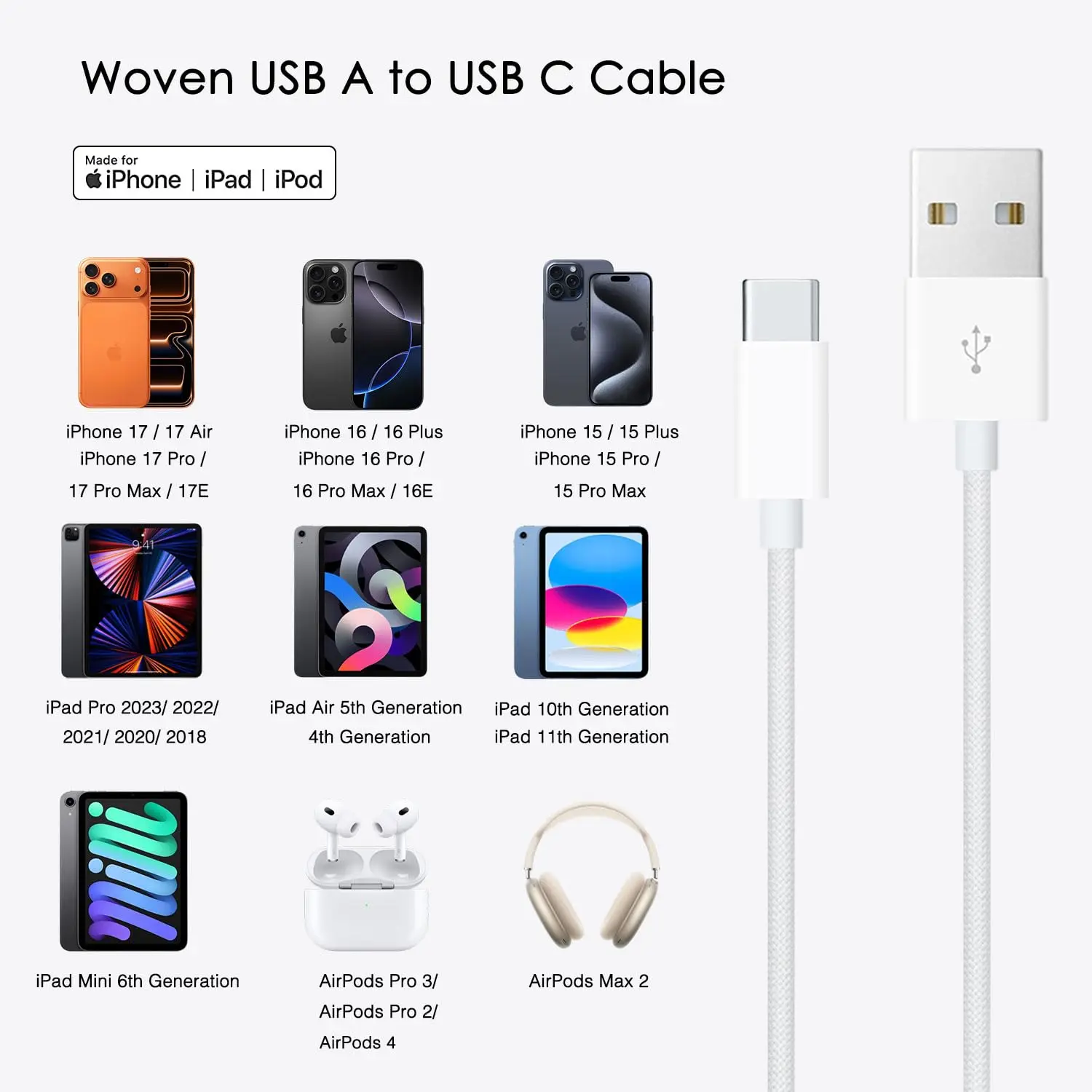 USB A to Type C 케이블 6피트 CarPlay 고속 충전 데이터 동기화 코드 아이폰 17 17E 16 16E 15 Pro Max Plus 에어팟 아이패드 호환