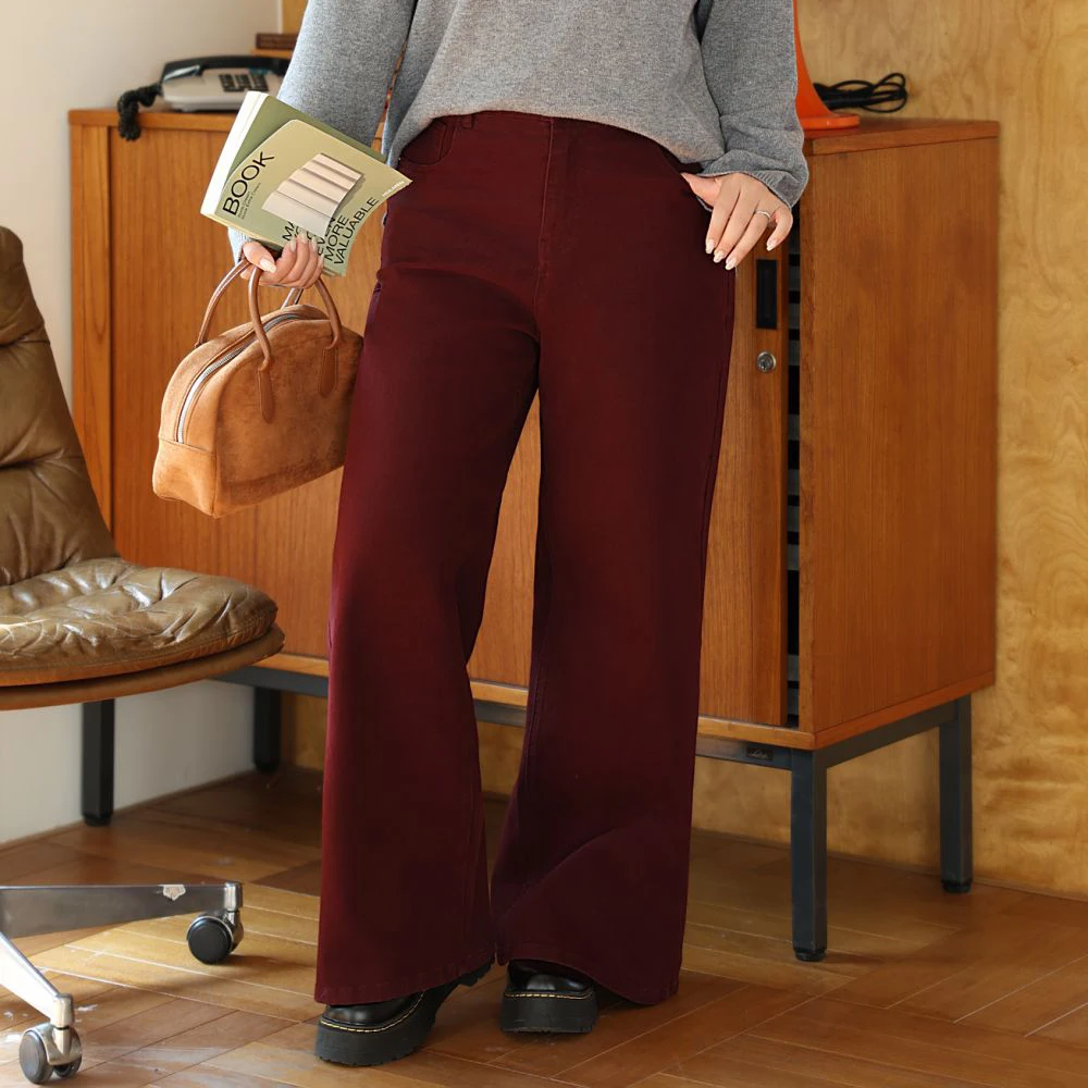 Plus Size Women's Straight Leg Jeans Premium Casual Burgundy Color Thick Denim Long Pants Vintage High Waist Autumn Winter 2025