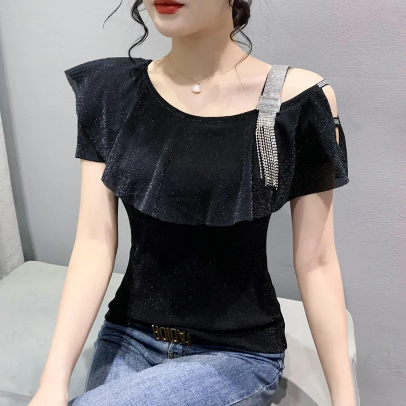 

#5313 One Shoulder T Shirt Women Spliced Ruffles Sexy Thin Elastic Mesh T Shirts Female Short Sleeve Diamonds Tight T-Shirt