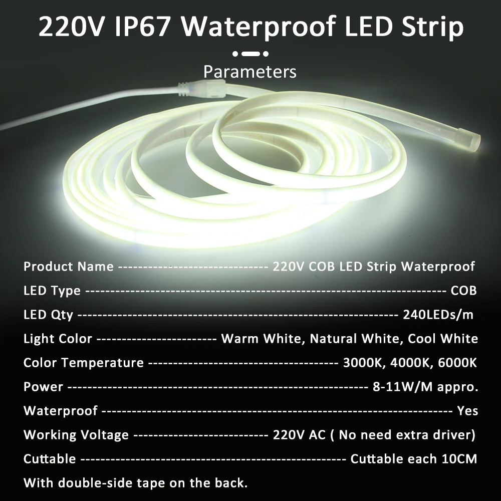 220V 방수 COB LED 스트립 라이트 테이프 램프 EU 플러그 / 2핀 와이어 3000K 4000K 6000K AC 유연한 리본 야외 정원 장식