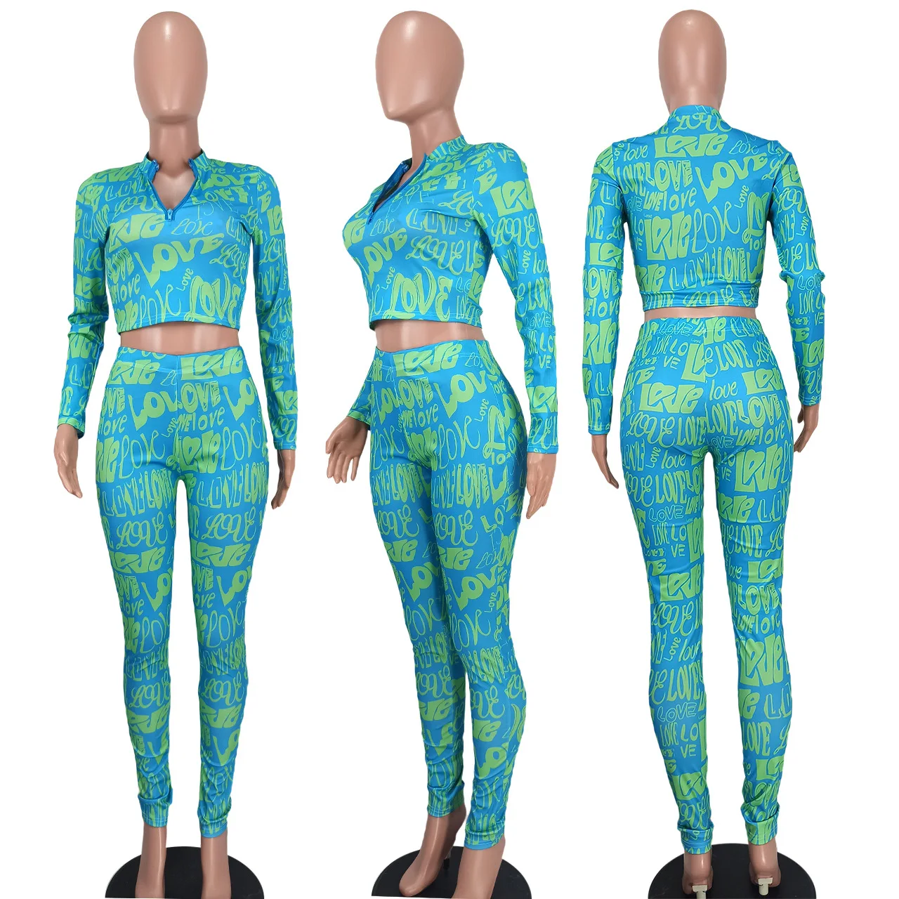 New Fashion Ladies Casual 2-Piece Spring Print Long Sleeve V-Neck Top And Slim Pant Suit Comfortable 2-Piece Women Set
