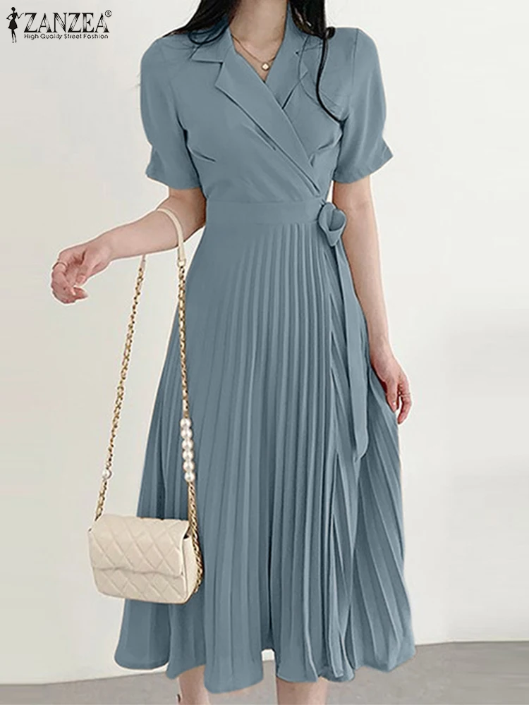 

ZANZEA Woman Vintage A Line Dress Fashion Lace-Up Pleated Design Dresses Short Sleeve Lapel Vestidos Female Elegant Loose Robe
