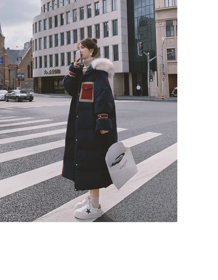 2023 Winter New Popular 90% White Duck Down Long Over Knee Navy Large Fur Collar Hooded Down Coat Women's Thick Coat