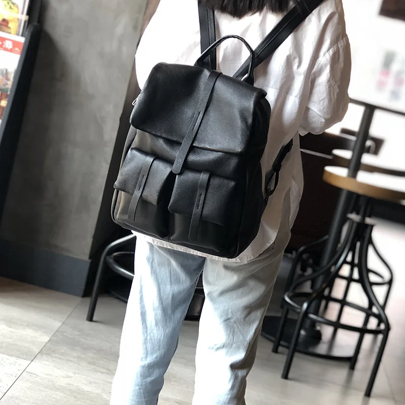 2023 Solid Color Large Bag Simple Casual Men's and Women's Universal First Layer Cowhide Backpack Travel Backpack
