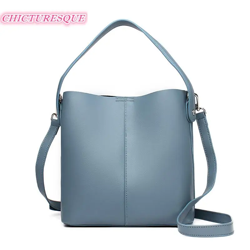 

Genuine Leather Shoulder bags For Women 2022 Fashion Ladies Bucket Handbag Designer Solid Color Cow Leather Female Messenger Bag