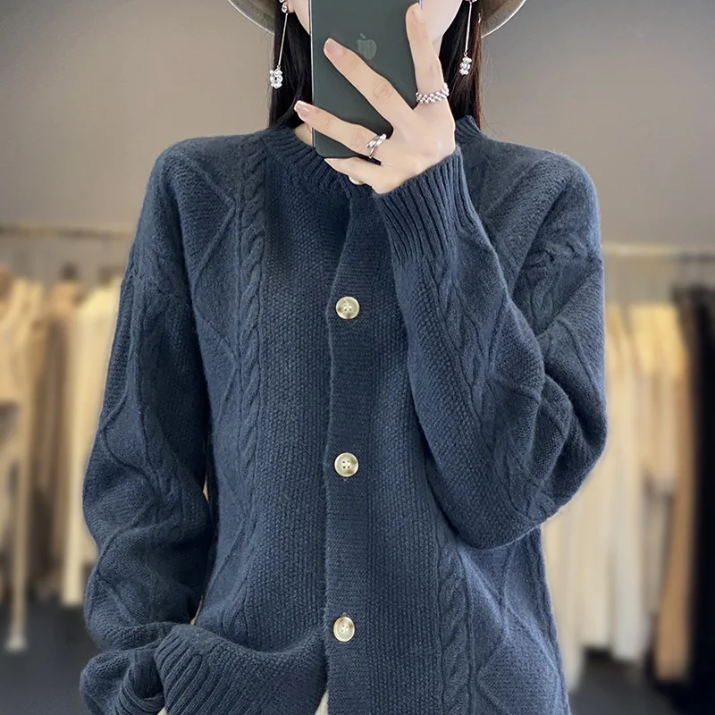 

Fall/Winter 2024 100% Merino Wool Sweater Women's Knitted O-neck Cardigan Button Loose Thick Solid Color Top