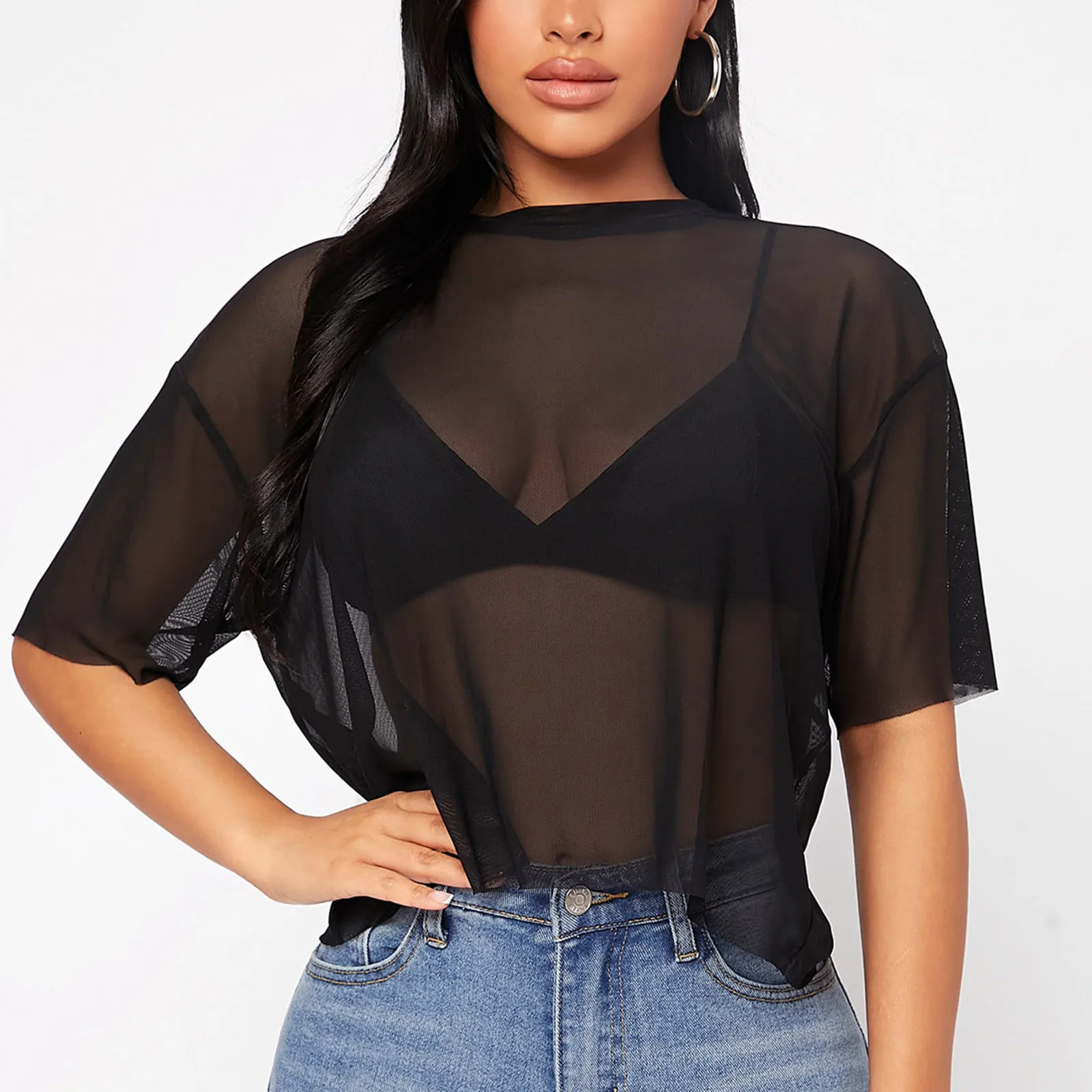 Women Short Intimate Women'S Clothing Tops See Through Women'S Mesh Crop Sheer Shirt Short T Sexy Lingerie Sleepwear Lenceria