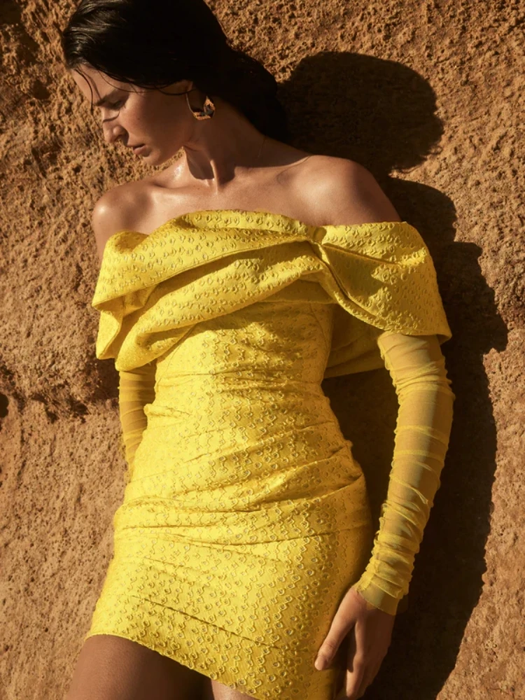 women-off-shoulder-pleated-jacquard-mini-dress-elegant-yellow-mesh-long-sleeves-folds-bodycon-dress-evening-celebrity-party-club