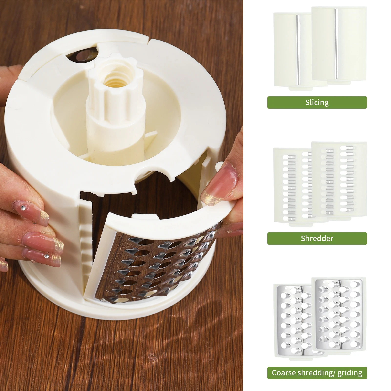 3 in 1 Rotary Cheese Grater, Manual Vegetable Slicer, Shredder with Handle & Strong Suction Base, 3 Interchangeable Blades