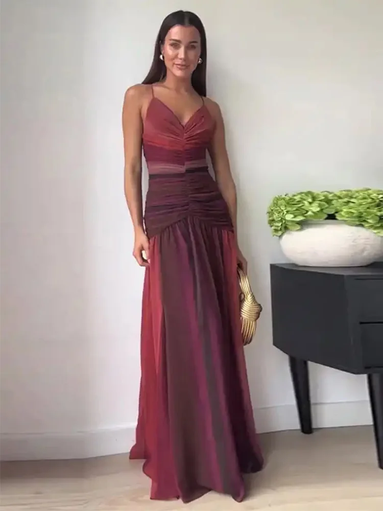 

Women Sexy Strap Backless Chiffon Long Dress Sling Contrasting V Neck Holiday Beachwear Dresses Female Holiday Vacation Vestido