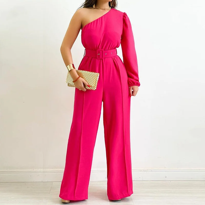 

Zoctuo Fashion Off The Shoulder Long Sleeve Jumpsuit For Women Bodycon Sexy Backless Belt Loose Wide Leg Pants Female Overalls