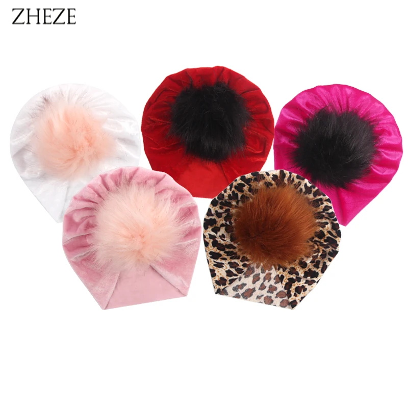 NEW Arrivals Plush Ball Newborn Baby Hat Elastic Velvet Fabric Hairband Turban Keep Warm Headband For Infant