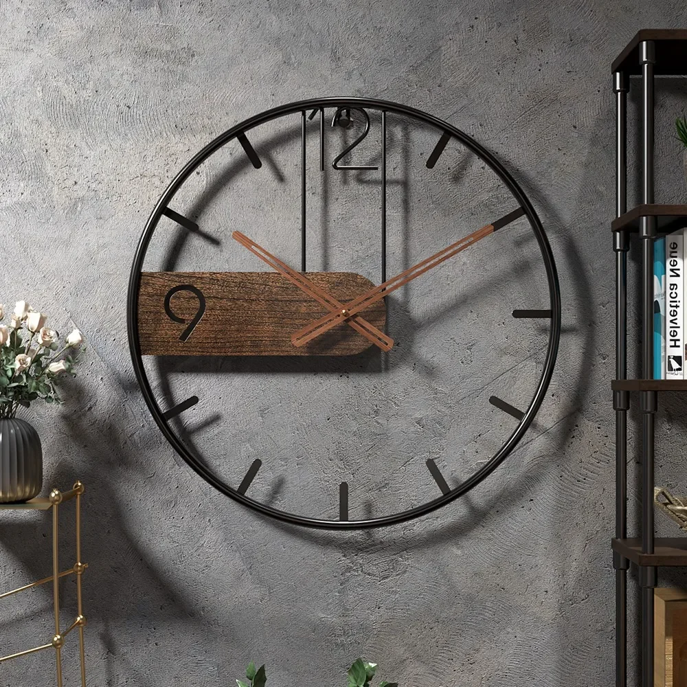 Nordic Metal Iron Big Size 3D Round Large Walnut Pionter Wall Clock
