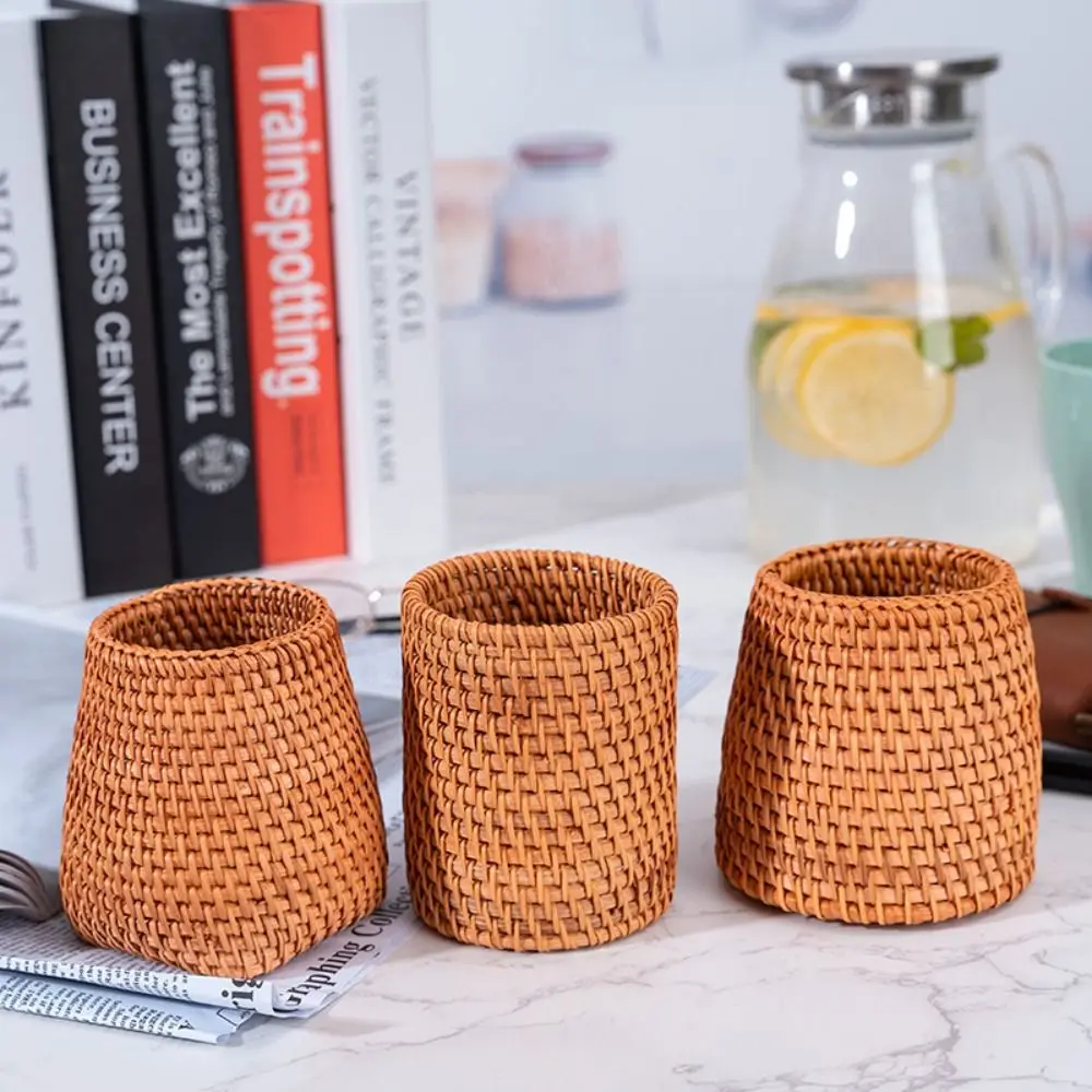 Stationery Storage Wood Vine Rattan Pen Holder Large Capacity Multifunctional Stationery Container Handmade Minimalism