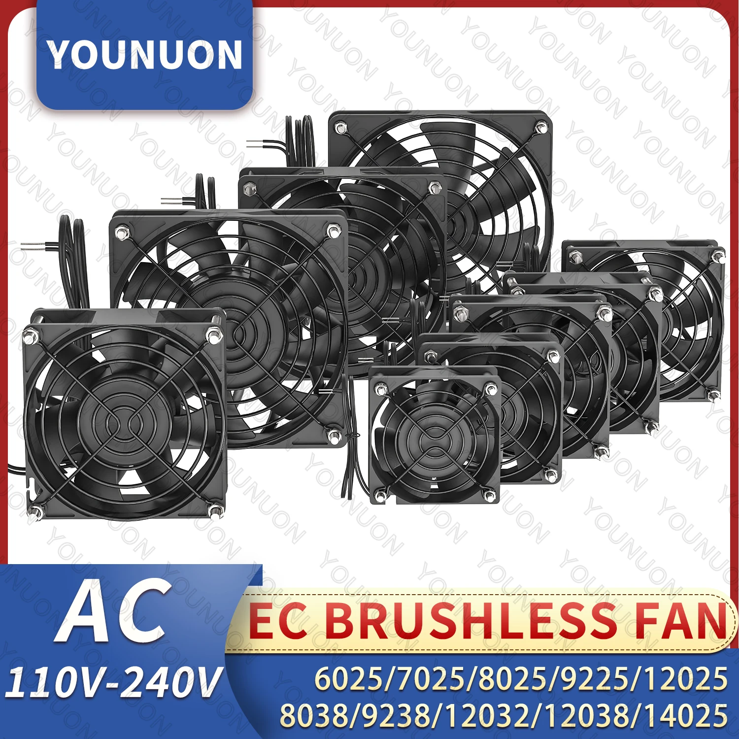 YOUNUON 60mm 80mm 90mm 120mm EC Brushless Fan AC 110V 115V 120V 220V 240V Axial Fan with Srews/Grill 6025 8025 9225 12025 12038 cooling fan