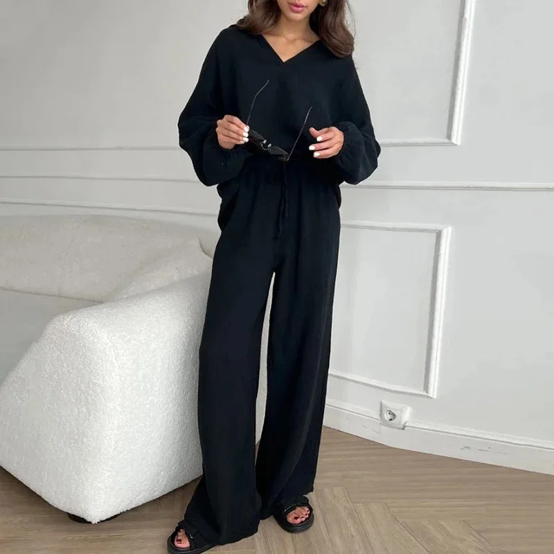 Elegant women's casual loose fitting set, women's long sleeved top+drawstring pants set, spring and autumn lapel two-piece set