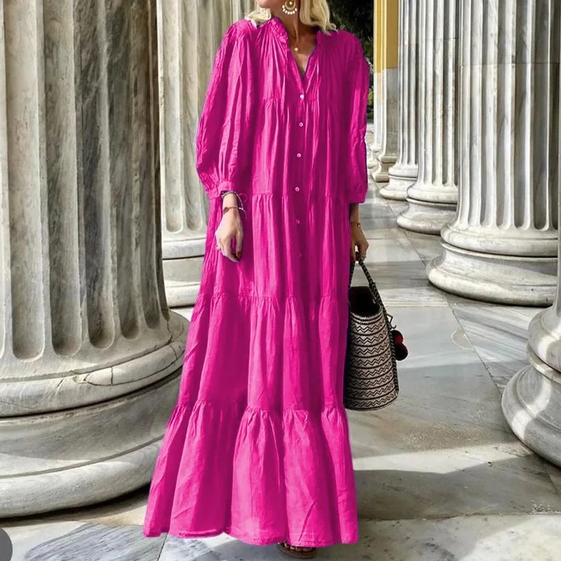 

Fashion Long Sleeve Stand Collar Button Ruffle Loose Long Dress Streetwear Autumn Winter Women Linen Bohemian Dress Y2K Clothes