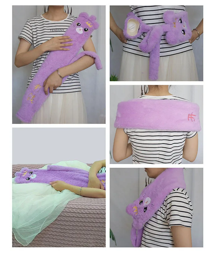 2L Rubber Hot Water Bottle With Cover Long Bottle Warmer For Pain Relief Menstrual Cramps Cute Animals Hot Water Bag Feet Warmer