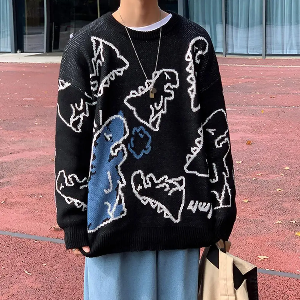 

Men Long Sleeve Sweater Harajuku Cartoon Dinosaur Printed Pullover Top Hip-Hop Oversized Loose Knitwear Round Neck Streetwear