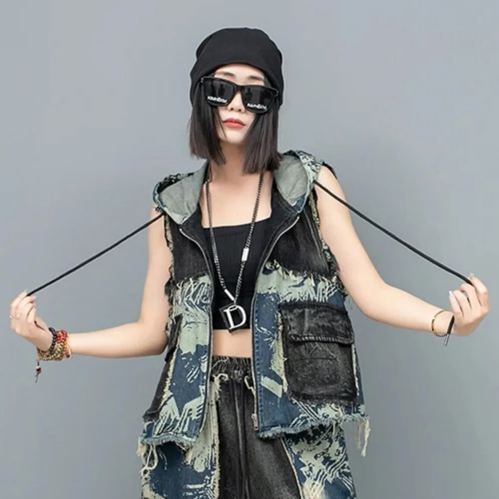 

2024 Spring Summer New Fashion Vest Women Print Splicing Vintage Sleeveless Denim Coat Casual LX1104