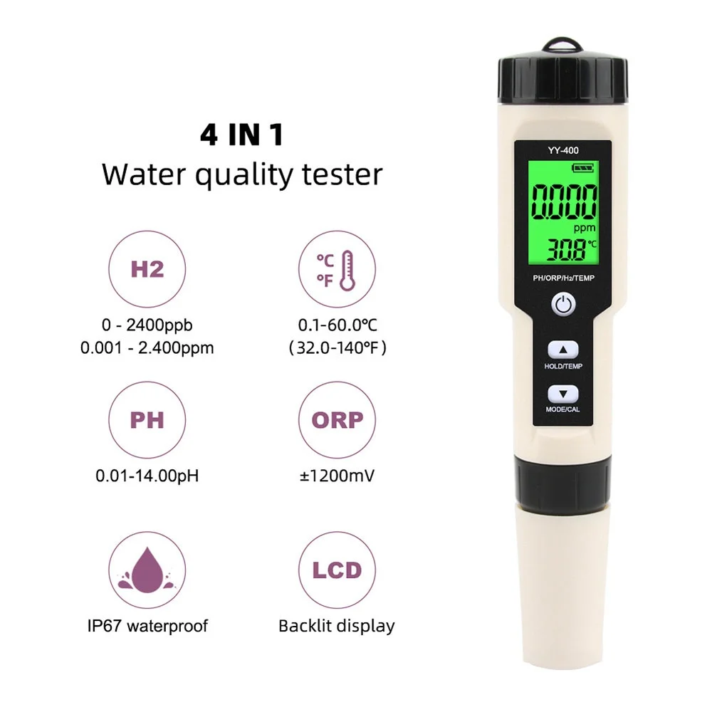 

4 in 1 PH Meter PH/H2/ORP/Temperature Meter Digital Water Quality Monitor Tester Pen for Pools Drinking Water Aquarium piscina