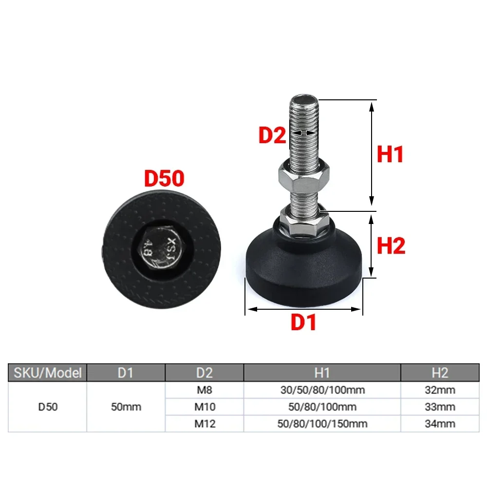 4 개/몫 조정 가능한 선반 다리 직경 50mm 스레드 유형 조정 가능한 레벨링 피트 회전베이스 관절 다리 M8/M10/M12 가구