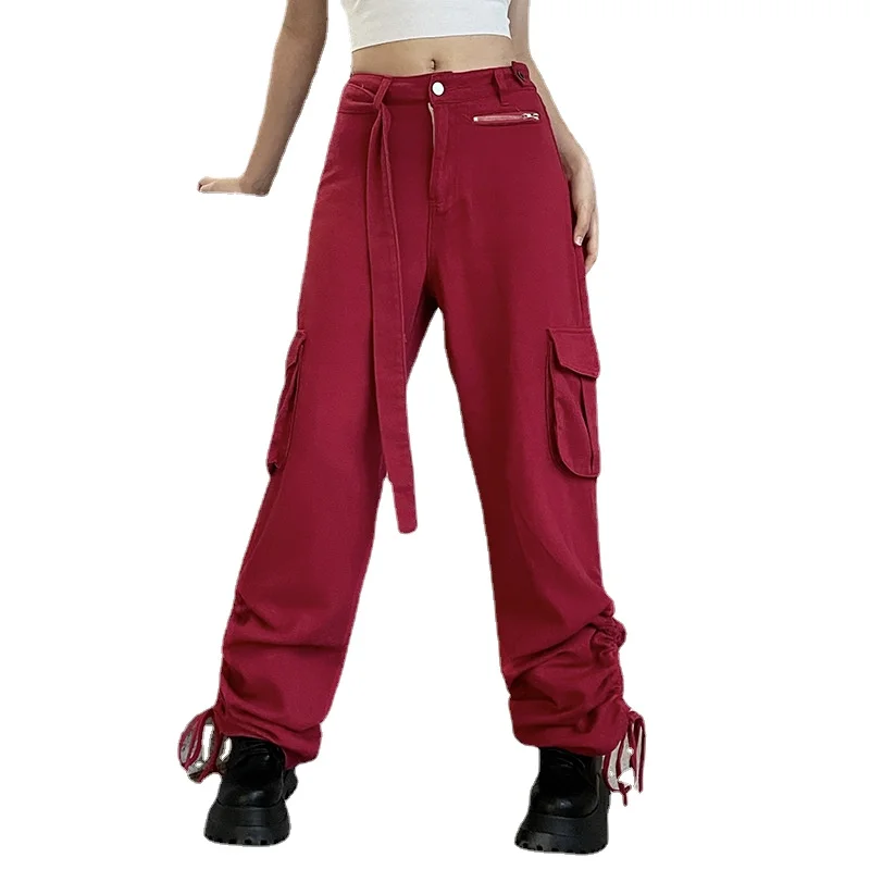 

Jeans Women's Solid Color High Waist Zipper Belt Overalls Side Flanging Pocket Straight Pleated Lace Casual Jeans Y2k Pants