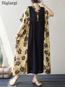 Oversized Summer V-Neck Long Dress Women Flower Print Patchwork Fashion Casual Loose Ruffle Ladies Dresses Pleated Woman Dress