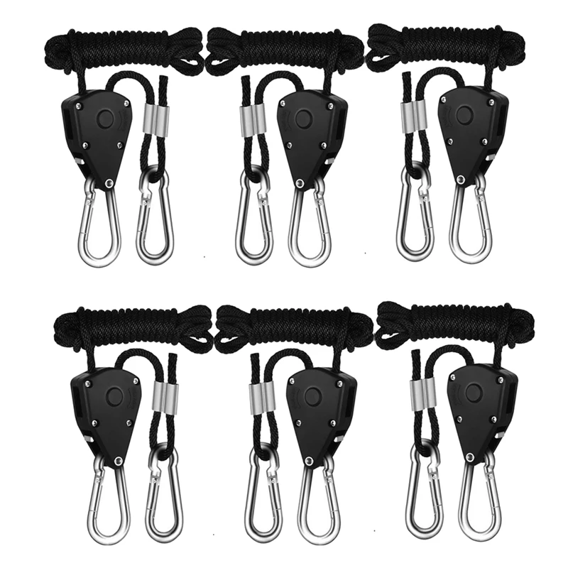 6PCS Adjustable 1/8Inch Lanyard Hanging For Tent Fan Led Grow Plant Lamp Rope Ratchet Hanger Pulley Lifting Pulley Hook