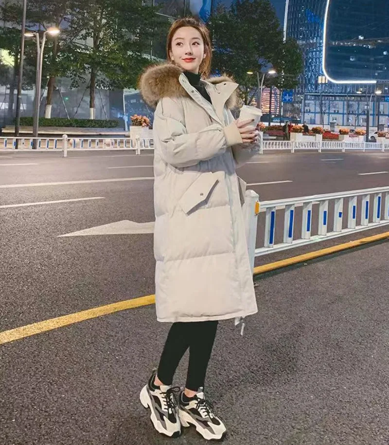 Women X-long Oversize Blue Down Jackets Thick Casual with Fur Parkas 2023 Winter Female Down Coats Hooded Solid Warm Snow Coats