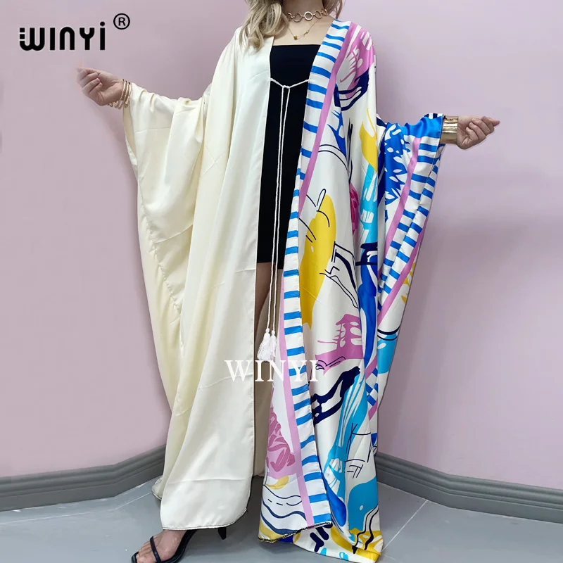 

WINYI summer dress 2021 Women KIMONO Cardigan stitch new robe Cocktail sexcy Boho Maxi African Holiday Batwing Sleeve Silk Robe