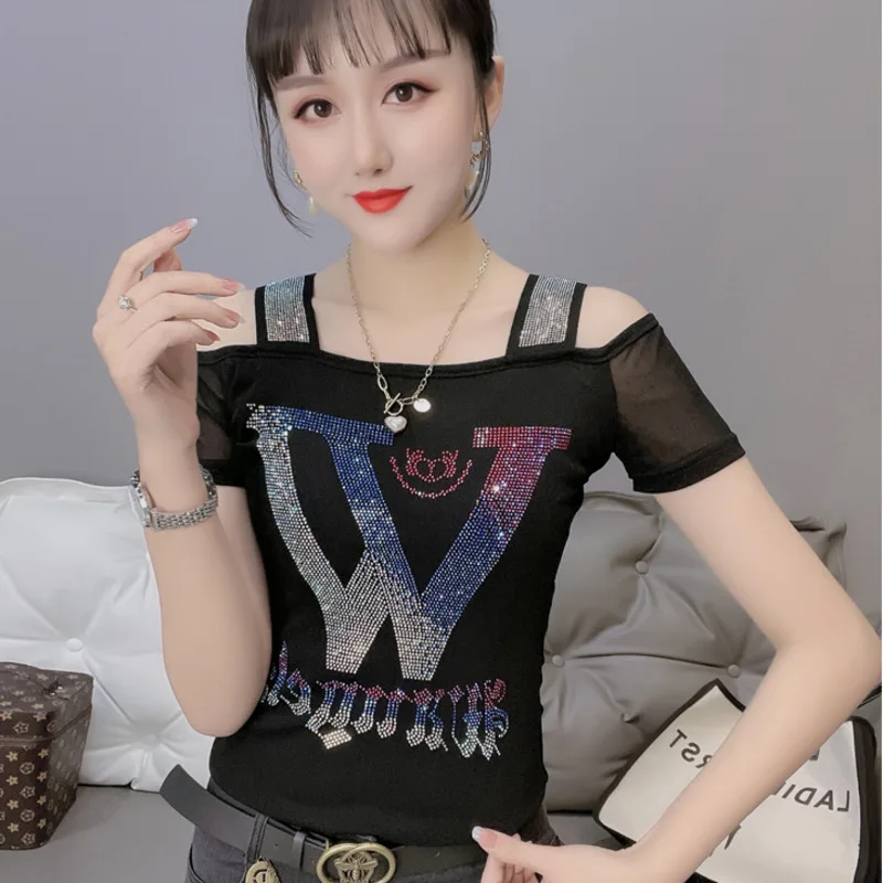 #7154 Summer Short Sleeve T-shirts Women With Diamonds Skinny T-shirt Femme Slash Neck Off Shoulder Top Sexy Club Women T Shirt