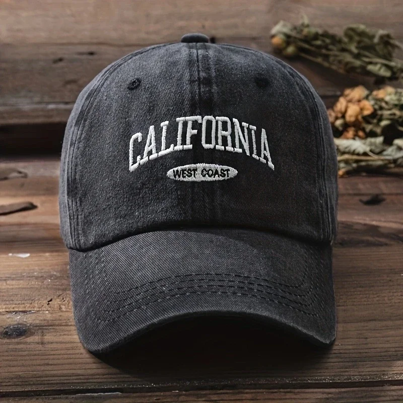 Fashionable Versatile Washed Letters Solid Color Embroidered Baseball Cap for Men Wide Brimmed Casual Sports Cap for Women