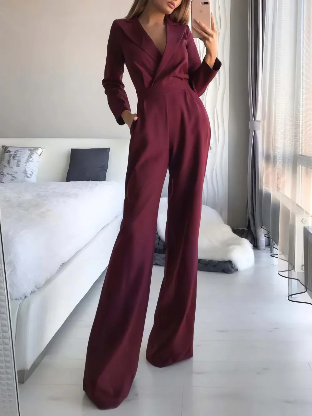 Fashion Long Sleeve Ladies Office Wear Jumpsuit Casual High Waist V-Neck Strap Slim Straight Wide Leg Pants Women'S Jumpsuit Rom