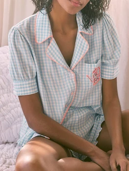 Women Plaid Pajama Set Short Sleeve Button Closure Shirt with Shorts Sleepwear Loungewear 5