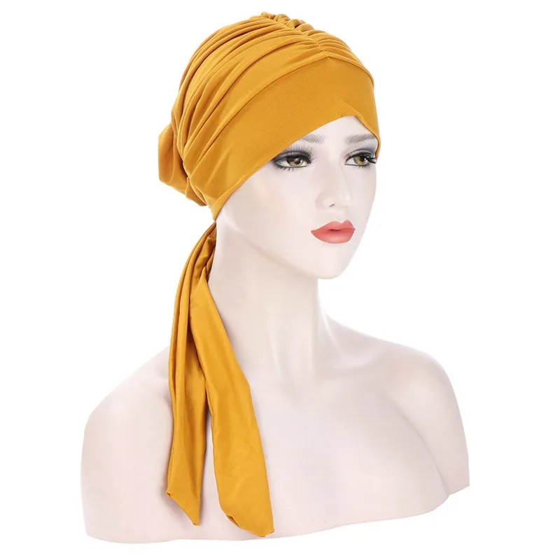 Solid Long Tail Bow Turban Hat Elastic Headwrap Scarf Beanies Hat India African Headband Muslim Hijab Ladies Night Cap 2023 5